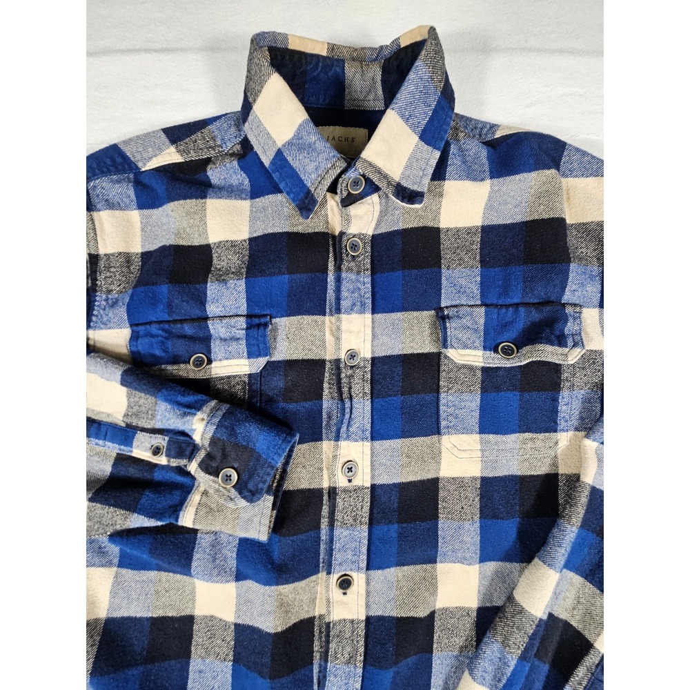 Jachs Mens Blue Buffalo Plaid Flannel Button Up Shirt Cotton Long Sleeve L